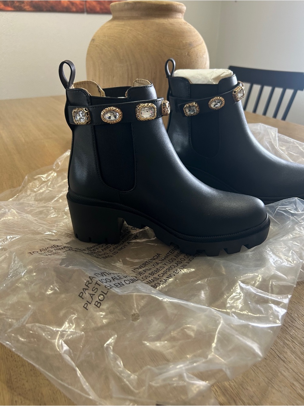 Steve Madden Black Jeweled Lug-sole Ankle Boots